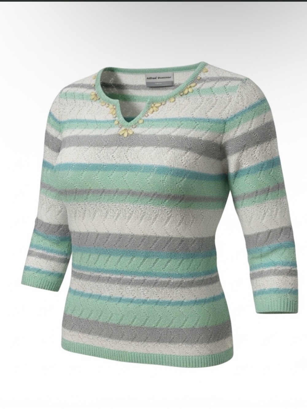 Alfred Dunner Mint, Gray & White Striped V-Notch Sweater
